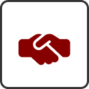 A red and white icon of two hands shaking.